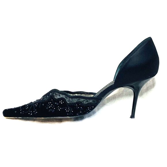 Rene Caovilla Stiletto Heels Pointy Toe Bead D'Orsay 8 8.5 39 Witch Black Velvet - Picture 5 of 16